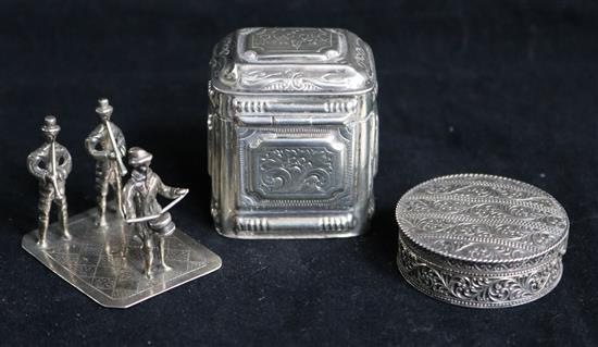 A Dutch silver box, a miniature model of three musicians and a pill box.